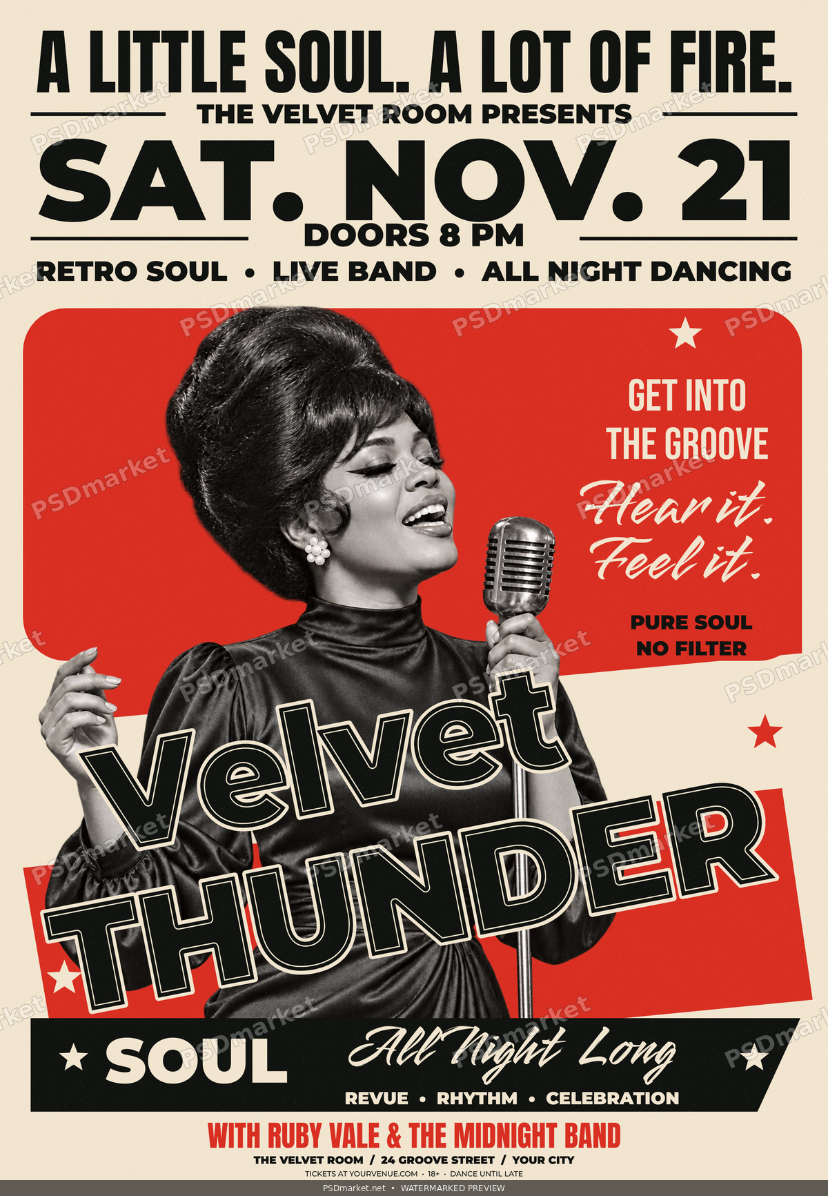 Velvet Thunder retro soul concert flyer with a fictional female singer, cream and red paper, and black diagonal outlined lettering