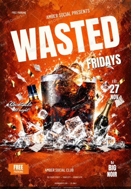 Wasted Fridays cocktail party flyer with distressed orange typography and dark cocktail