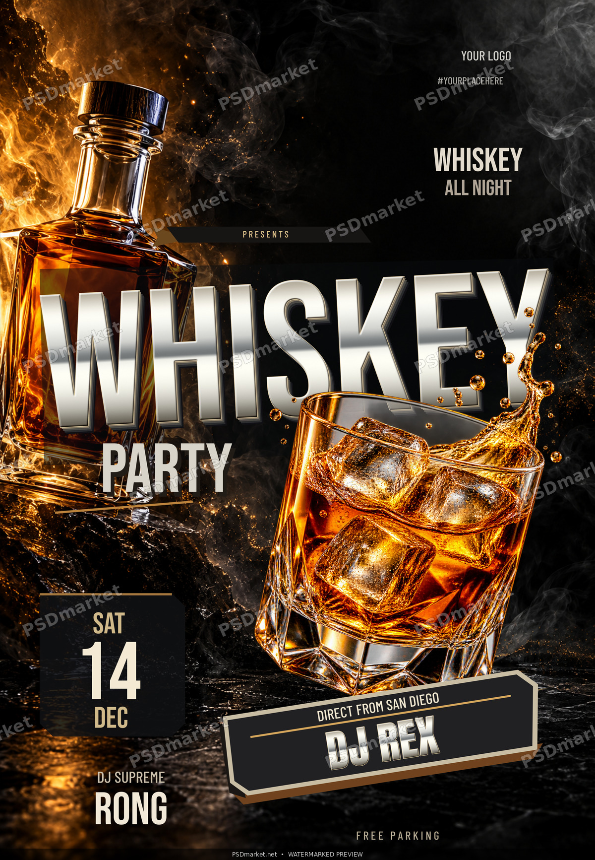 Whiskey Party flyer with silver dimensional headline, black and amber atmosphere and crystal whiskey glass