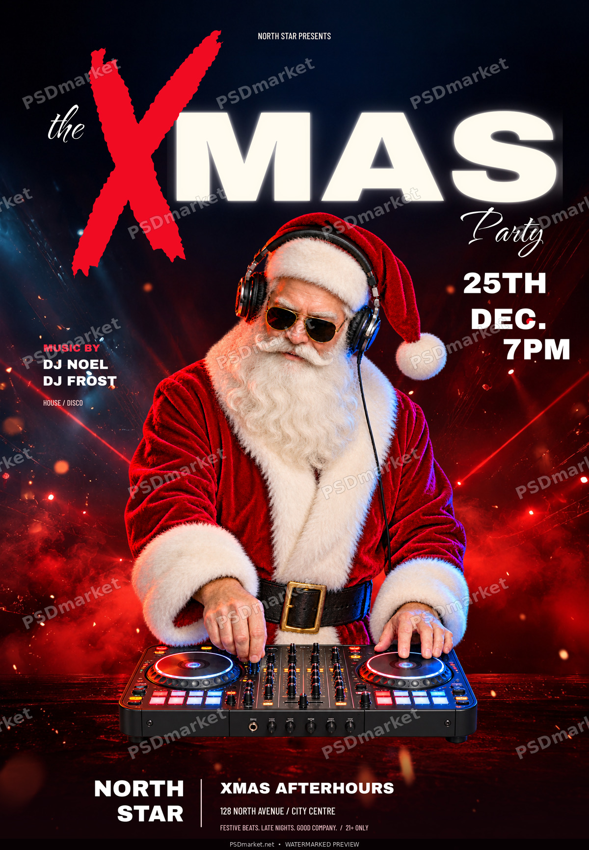 Protected XMAS Afterhours Christmas DJ flyer with Santa, complete mixing console, red lighting and grounded contact shadows