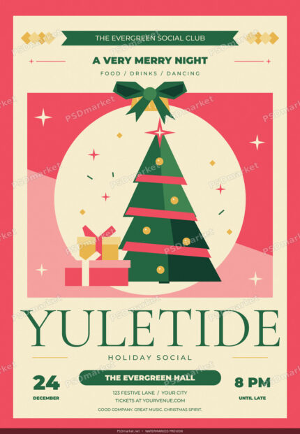 Watermarked Yuletide retro Christmas flyer with coral and ivory background, a green tree, gifts and bow-tied ornament