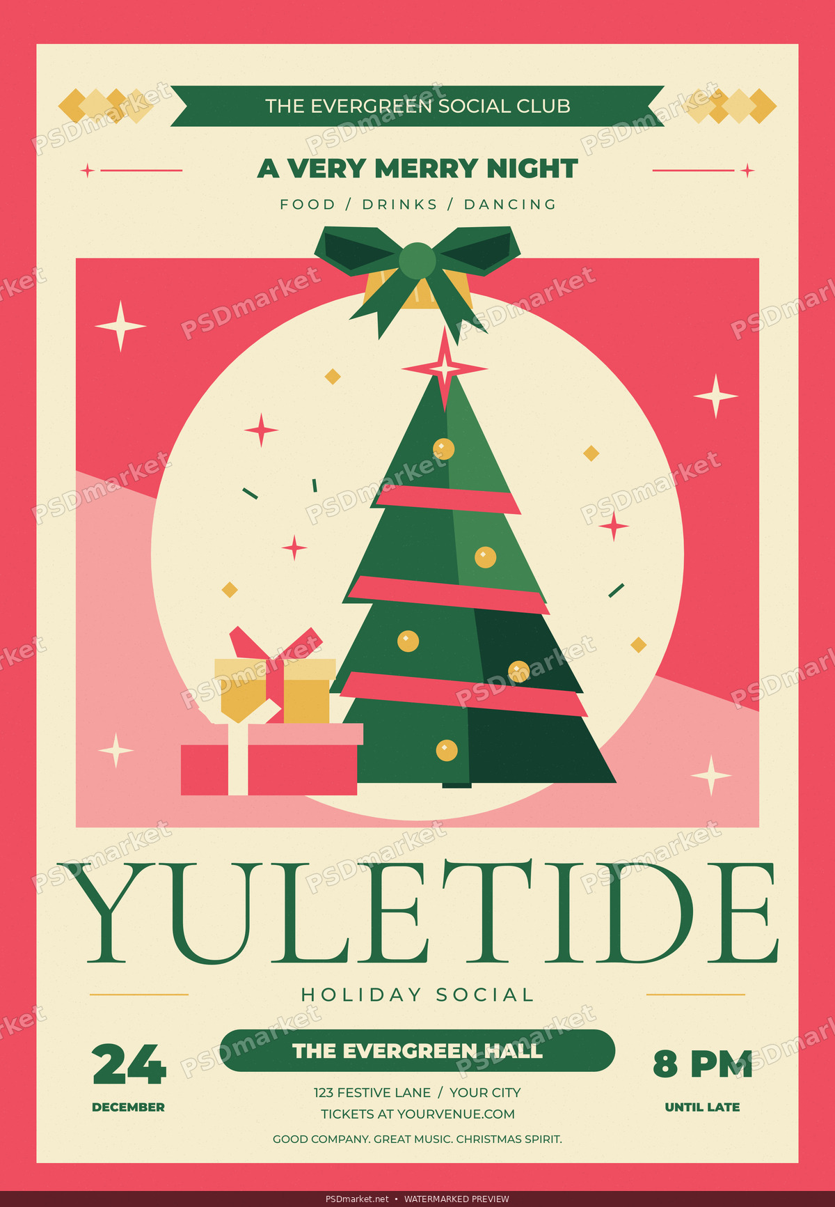 Watermarked Yuletide retro Christmas flyer with coral and ivory background, a green tree, gifts and bow-tied ornament