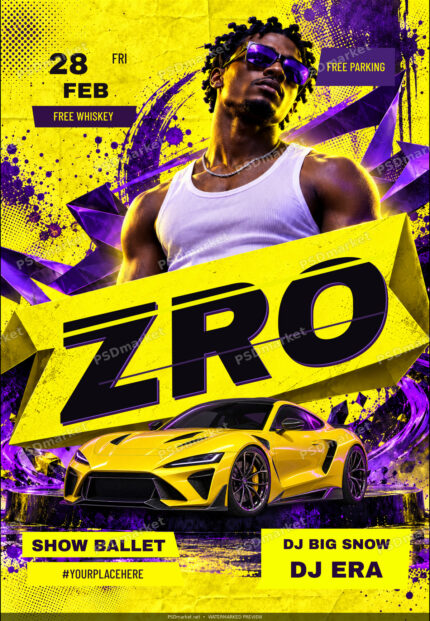ZRO V3 urban hip hop flyer with original headline proportions, a larger yellow panel and yellow sports coupe