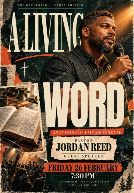 A Living Word church guest-speaker flyer with fictional portrait and editable lettering