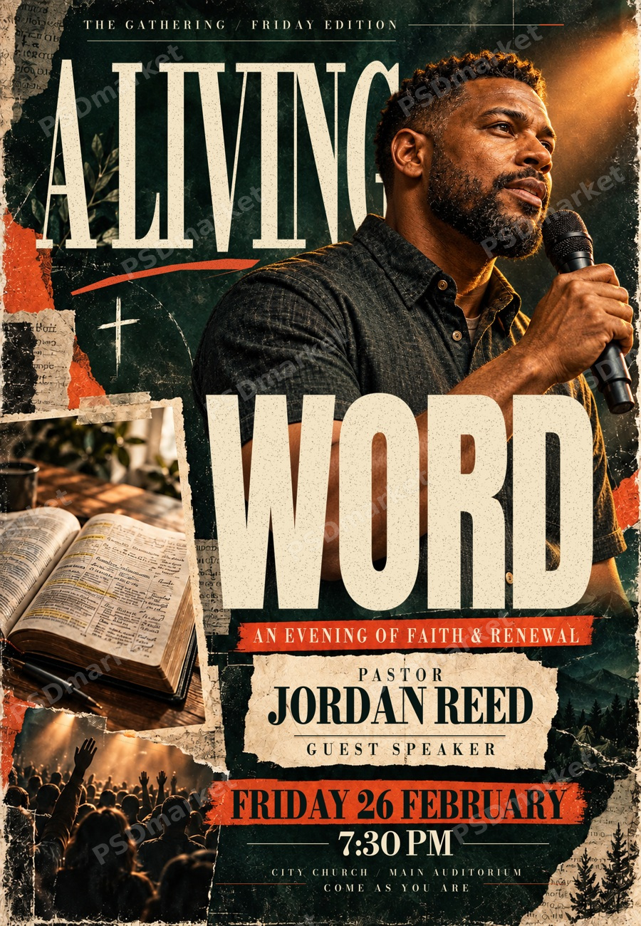 A Living Word Church Guest Speaker Flyer PSD Template — PSD template preview