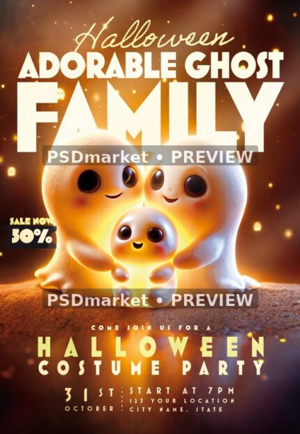Adorable Ghost Family Halloween Costume Party Flyer PSD Template — reduced watermarked source artwork preview