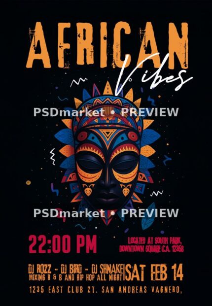 African Vibes Colorful Mask Flyer PSD Template — PSD template preview