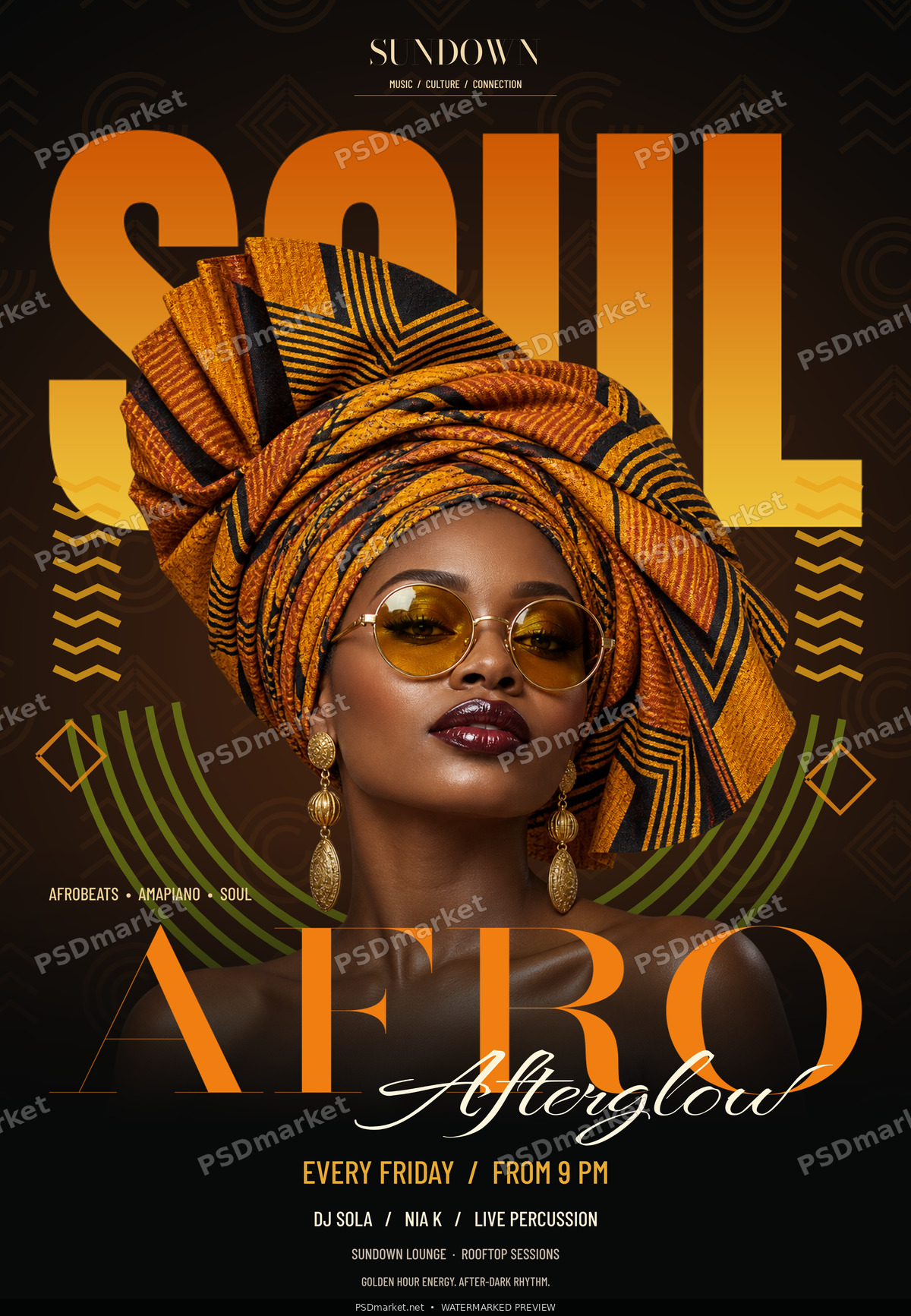 Afro Afterglow Afrobeats party flyer with orange headwrap portrait, sunset SOUL lettering and canonical PSDmarket watermark