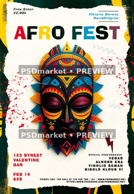 Afro Fest Illustrated Mask Flyer PSD Template — PSD template preview