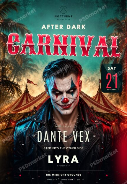 After Dark Carnival flyer with a sinister clown, striped circus tents, tropical palms and red metallic lettering; PSDmarket protected preview