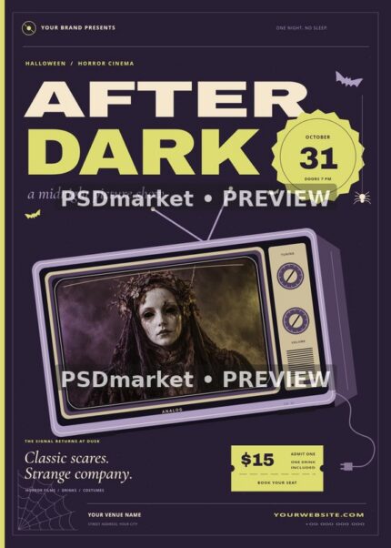 After Dark Halloween movie-night flyer with retro television and fictional porcelain-apparition portrait; reduced watermarked PSD preview