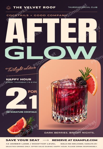 After Glow editable flyer PSD template preview with PSDmarket watermark
