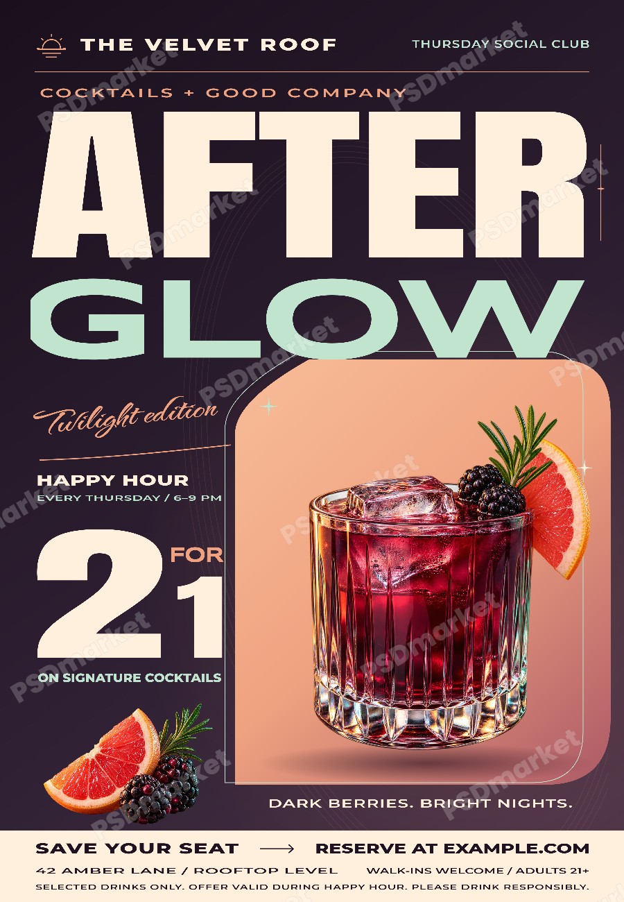 After Glow Cocktail Happy Hour Flyer PSD Template — PSD template preview