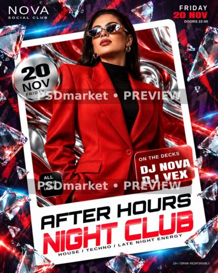 After Hours Chrome Night Club Flyer PSD Template with two PSDmarket preview watermarks
