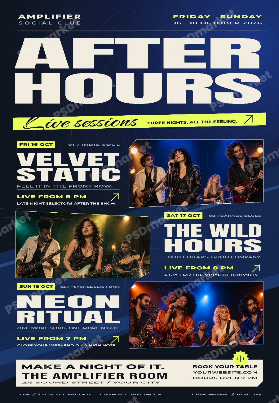 After Hours Live Sessions Music Flyer PSD Template — PSD template preview