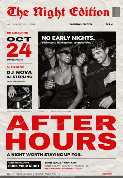 After Hours newspaper party flyer with red typography, blackletter masthead and monochrome nightclub photography; watermarked preview