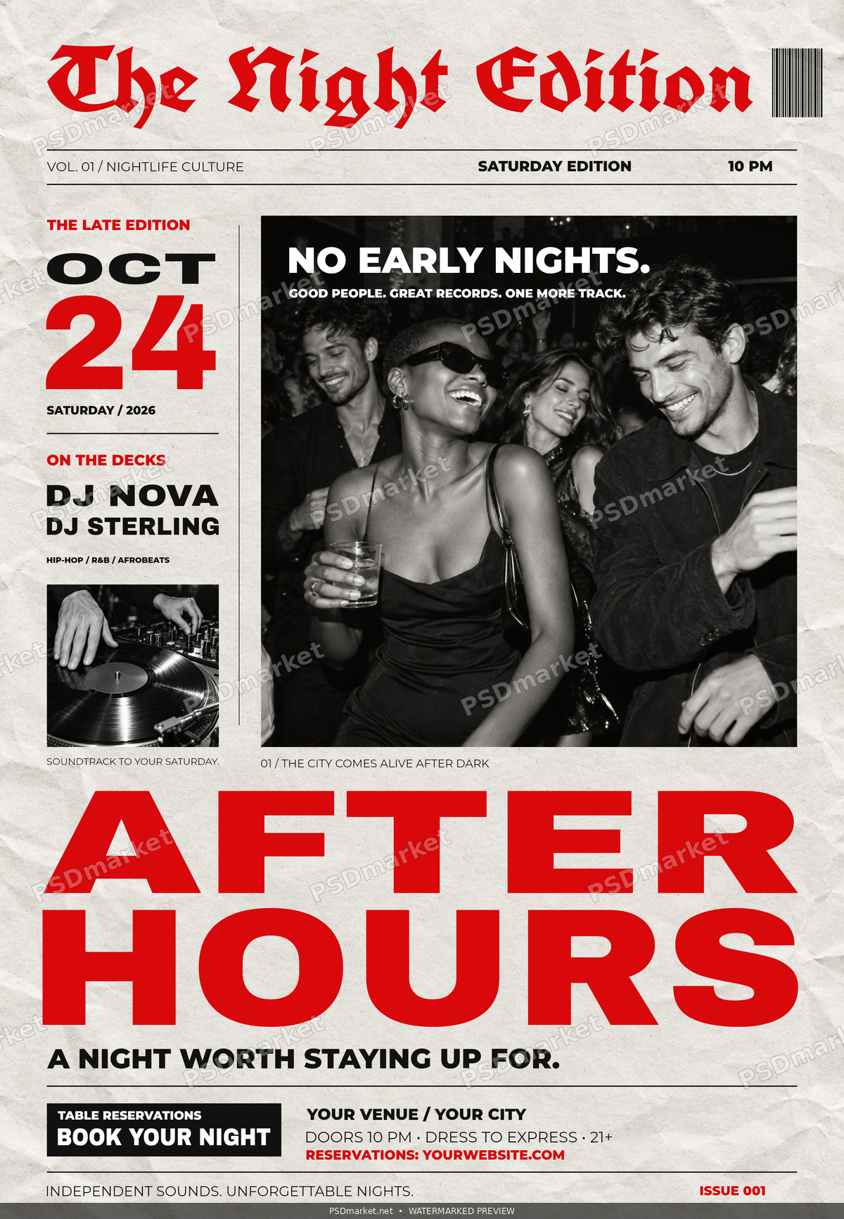 After Hours newspaper party flyer with red typography, blackletter masthead and monochrome nightclub photography; watermarked preview