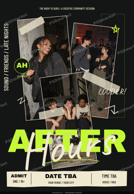 Protected After Hours nightlife flyer preview with photographic collage, torn paper, bold title and handwritten lettering