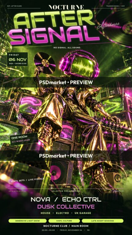 After Signal neon lime and magenta club flyer with a golden CRT-headed DJ, vinyl records and retro televisions; protected PSDmarket preview.