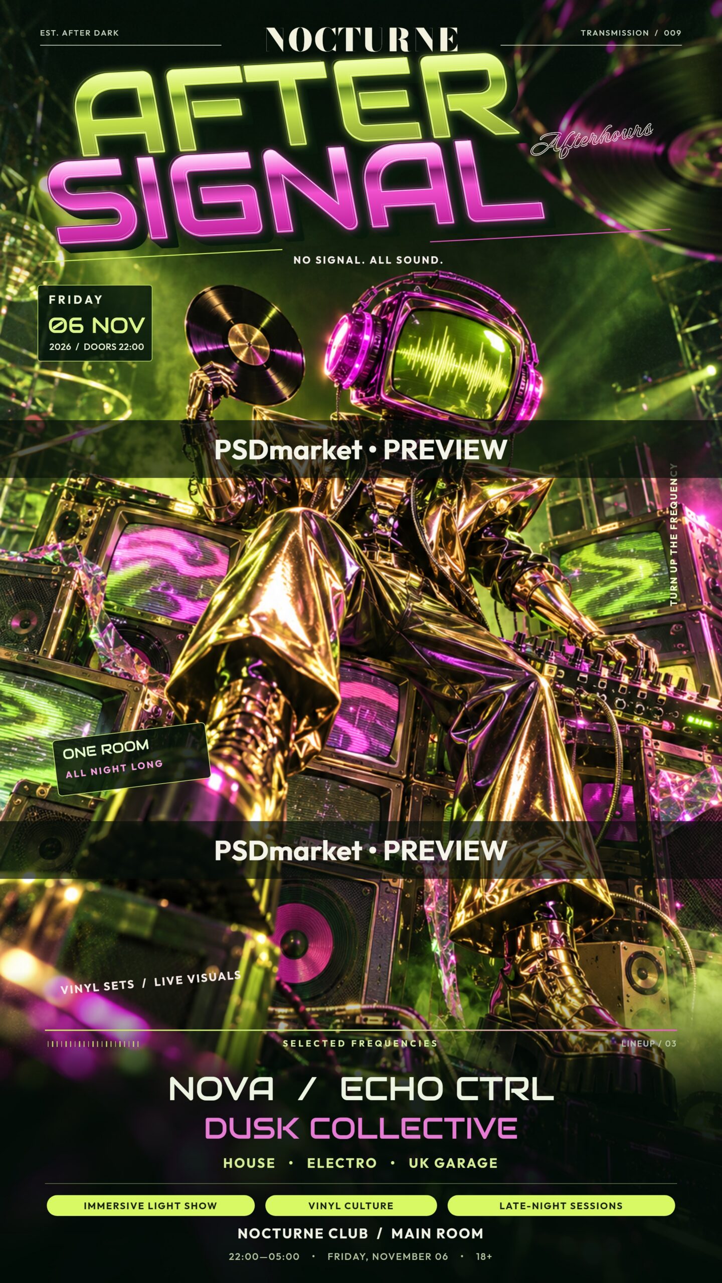 After Signal Neon DJ Club Flyer PSD Template — PSD template preview