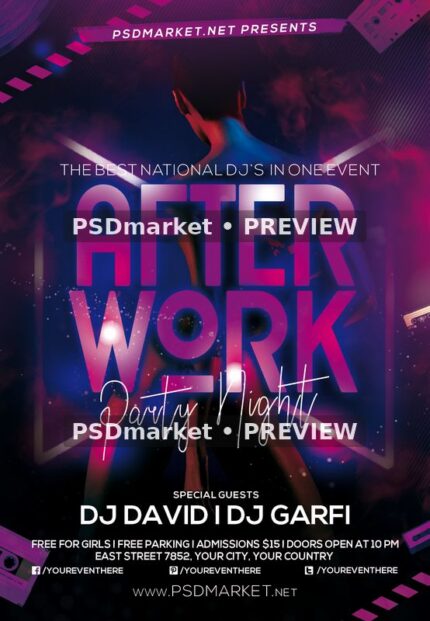 After Work Party Night flyer with large neon magenta lettering, a rear-view club figure, cassette tapes and white DJ details