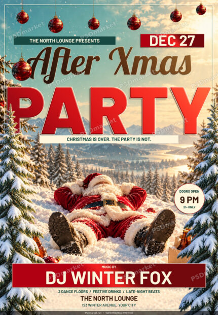 After Xmas Party flyer with dimensional red lettering, bronze script, Santa reclining in sunlit snow, hanging glass baubles and layered snowy fir trees; watermarked preview