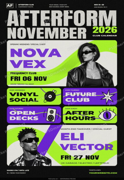 AFTERFORM November club calendar flyer with lime and violet cards, grayscale artist portraits and PSDmarket watermarks
