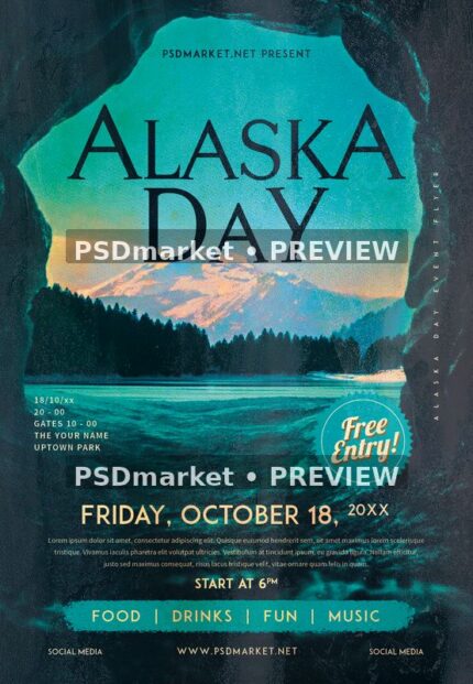 Alaska Day Mountain Landscape Flyer with two horizontal PSDmarket preview watermarks