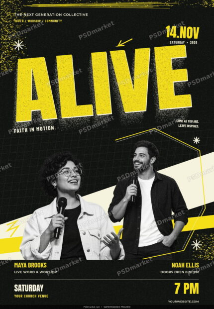 ALIVE youth night church flyer in yellow, ivory and black with two speaker portraits; watermarked preview