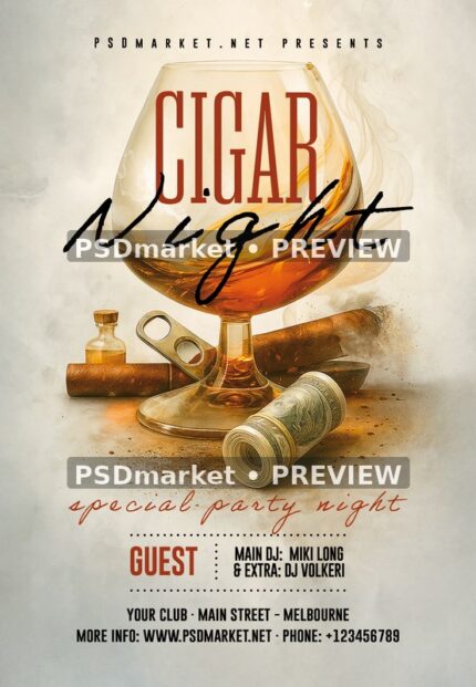 Amber Glass and Cigars Night Flyer — reduced watermarked preview of the supplied artwork