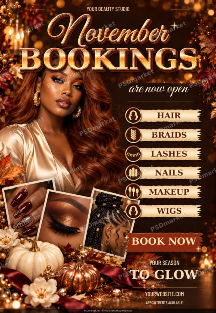 Amber November beauty bookings flyer with copper gold lettering, autumn portrait collage and cream salon service labels, watermarked preview