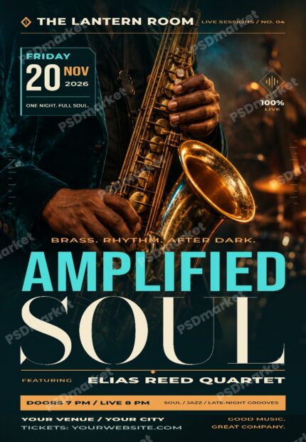 Amplified Soul Live Jazz Concert Flyer PSD Template with PSDmarket preview watermark
