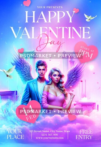 Angel Couple Happy Valentine Day Flyer PSD Template — PSD template preview