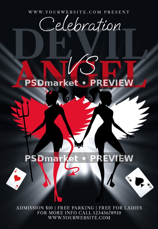 Angel Versus Devil Costume Celebration Flyer PSD Template — reduced watermarked source artwork preview