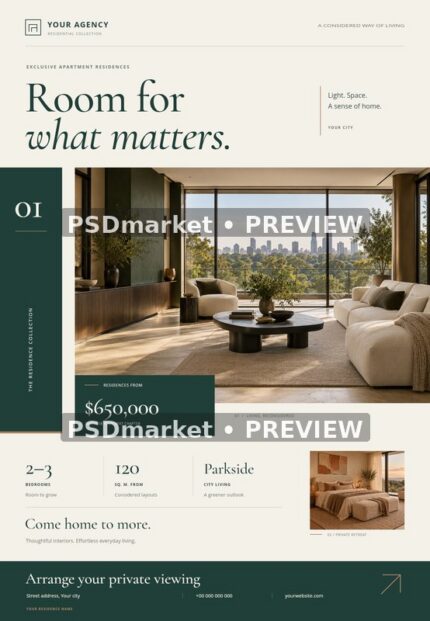 Ivory and forest-green Architectural Residence real estate flyer with living-room and bedroom illustrations; reduced watermarked PSD preview