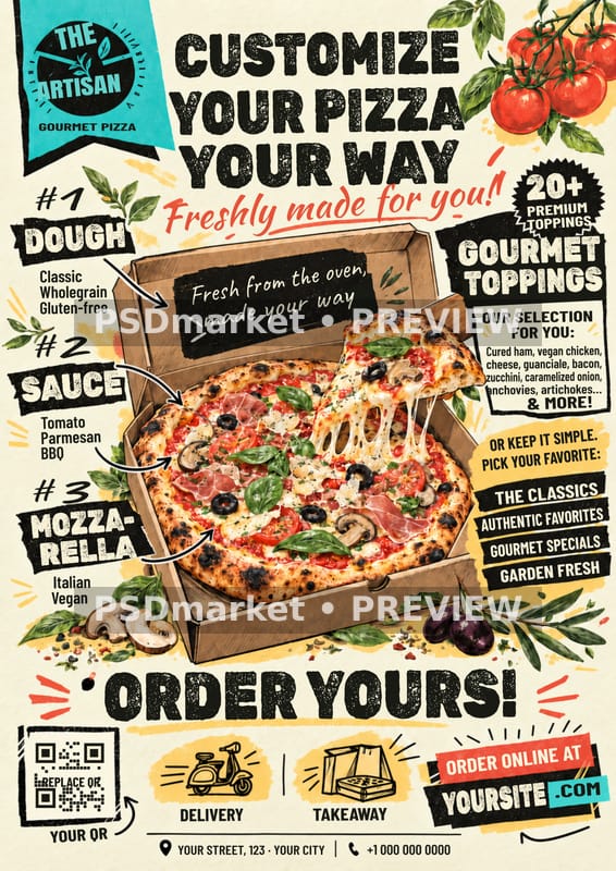 Artisan Pizza Restaurant Flyer PSD Template — PSD template preview