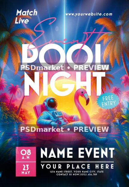 Astronaut Pool Night Flyer PSD Template — PSD template preview