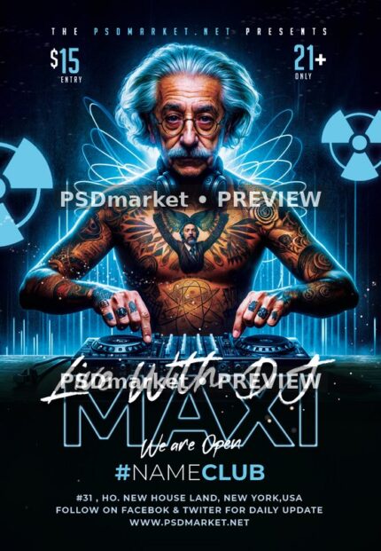 Atomic Neon Scientist DJ Flyer — reduced watermarked source artwork preview