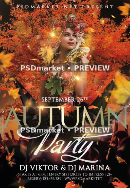 Autumn Leaf Crown Woman Night Party Flyer PSD Template — PSD template preview