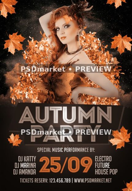 Autumn Leaf Fashion Portrait Party Flyer PSD Template — PSD template preview