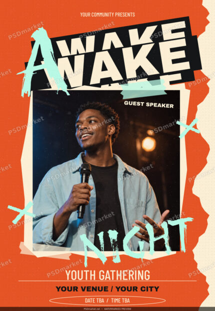 Awake Night church event flyer with bold yellow lettering, red accents and an upright fictional speaker portrait; protected PSDmarket preview