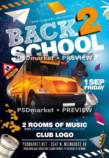 Back to School Party flyer with a yellow school bus, blue background, paper airplanes and two horizontal PSDmarket preview watermarks