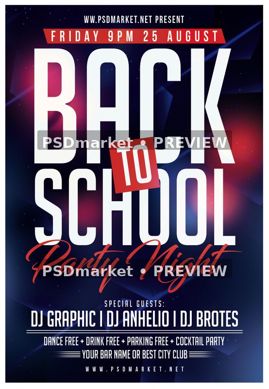 Back To School Red and Navy Party Flyer with two horizontal PSDmarket preview watermarks