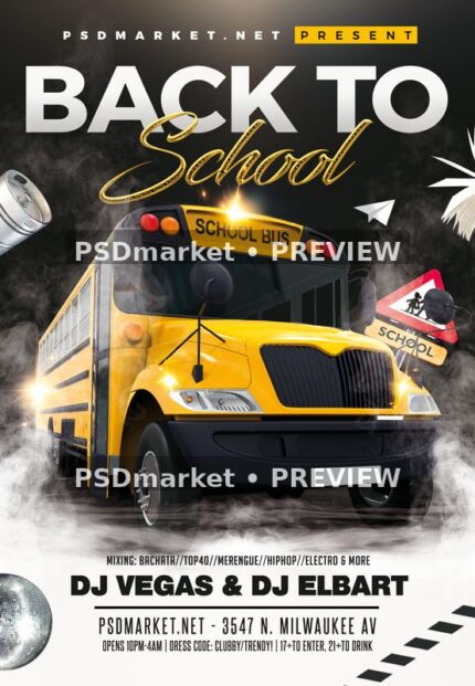 Yellow school bus back-to-school party flyer with smoky black and white background and two PSDmarket preview watermarks