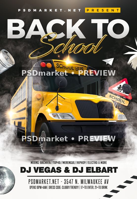 Back to School Yellow Bus Party Flyer PSD Template — PSD template preview