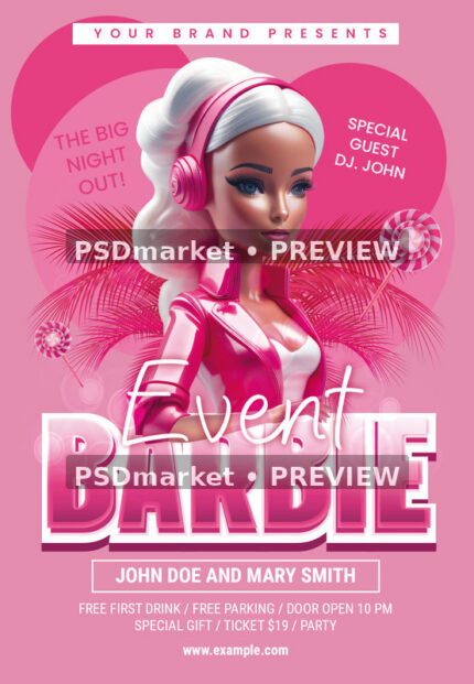Barbie Event Pink DJ Flyer PSD Template — PSD template preview