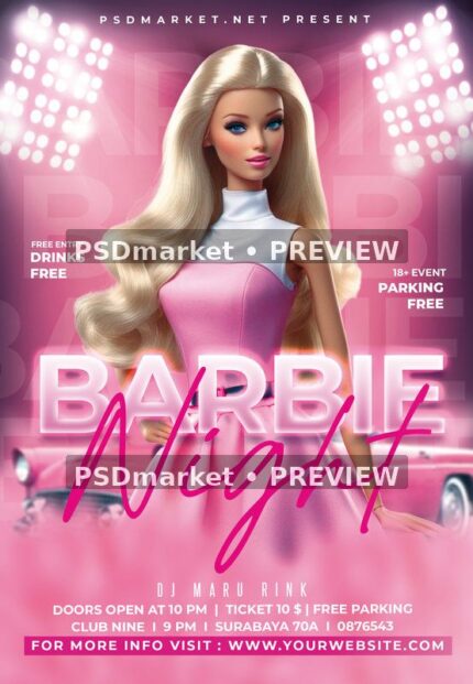 Barbie Night Party Flyer PSD Template — PSD template preview