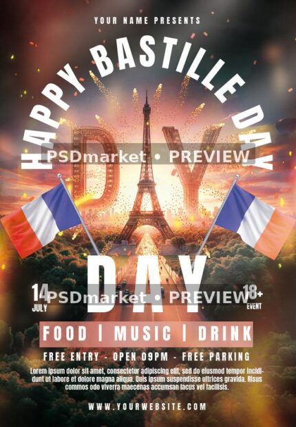 Bastille Day flyer with Eiffel Tower, French flags, arched white heading and warm illuminated sky.