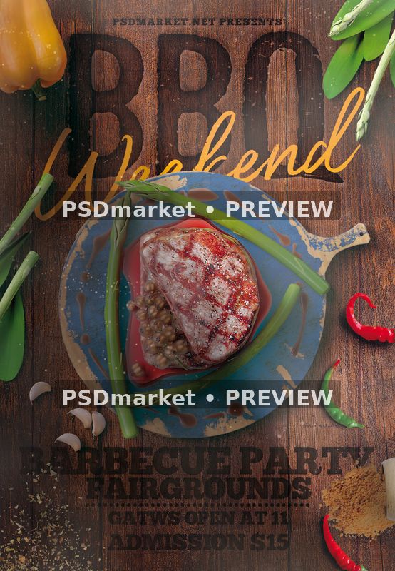 BBQ Weekend Steak and Asparagus Flyer with two horizontal PSDmarket preview watermarks