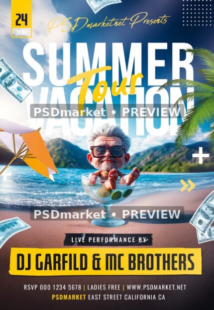 Beach Cocktail Character Summer Vacation Flyer PSD Template — PSD template preview